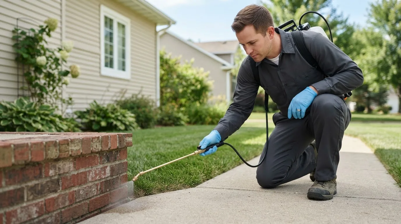 Pest control technician treating a home near Worthington, OH