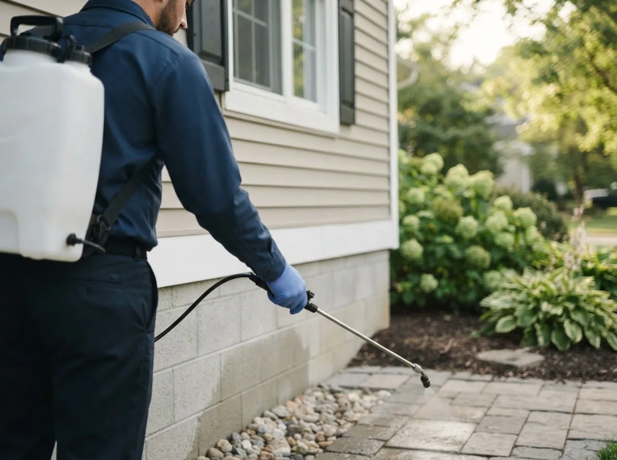 Pest control technician inspecting a home in Worthington, OH